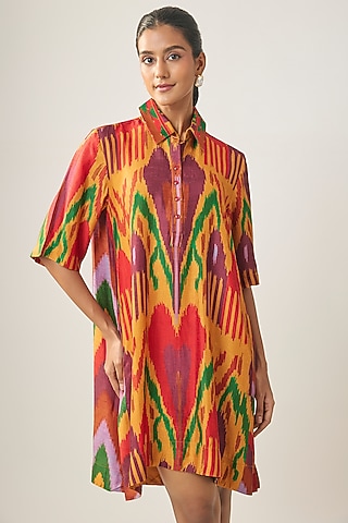 Multi-Colored Satin Raw Silk Ikat Shirt Dress by SHRADDHA RAMBHIA