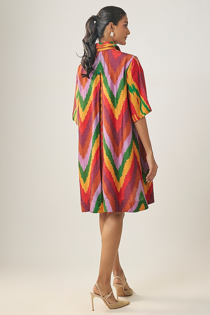 Multi-Colored Satin Raw Silk Ikat Summer Shirt Dress by SHRADDHA RAMBHIA at Pernia's Pop Up Shop