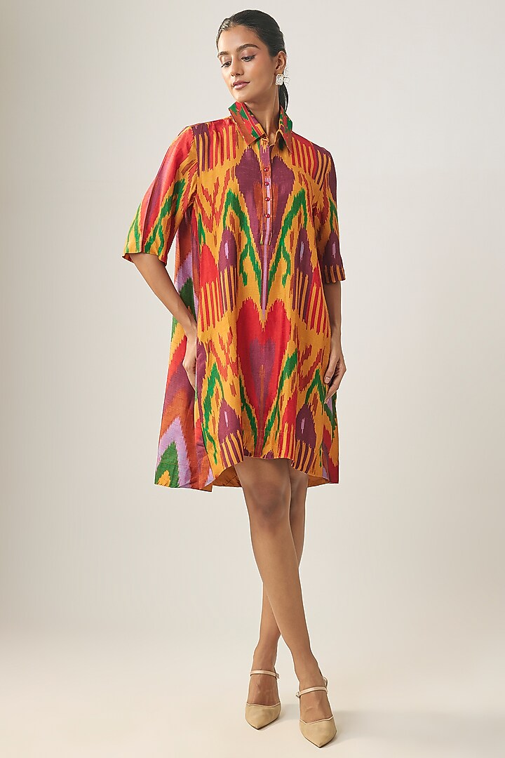 Multi-Colored Satin Raw Silk Ikat Summer Shirt Dress by SHRADDHA RAMBHIA at Pernia's Pop Up Shop