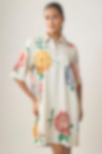 Ivory Satin Raw Silk Floral Printed Summer Shirt Dress by SHRADDHA RAMBHIA at Pernia's Pop Up Shop