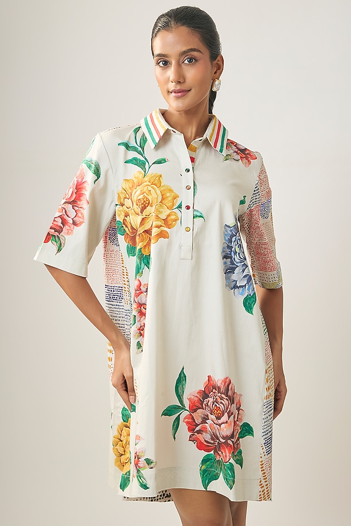 Ivory Satin Raw Silk Floral Printed Summer Shirt Dress by SHRADDHA RAMBHIA at Pernia's Pop Up Shop