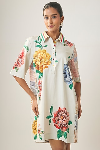 Ivory Satin Raw Silk Floral Printed Shirt Dress by SHRADDHA RAMBHIA