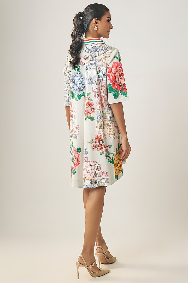 Ivory Satin Raw Silk Floral Printed Summer Shirt Dress by SHRADDHA RAMBHIA at Pernia's Pop Up Shop