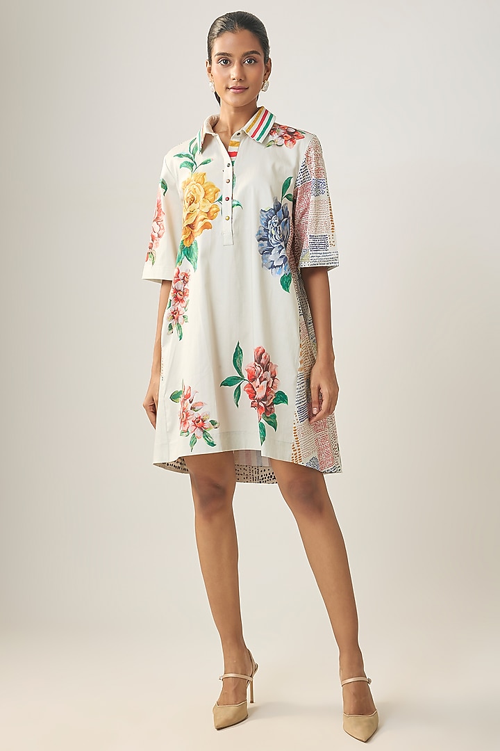 Ivory Satin Raw Silk Floral Printed Summer Shirt Dress by SHRADDHA RAMBHIA at Pernia's Pop Up Shop