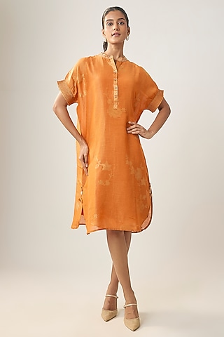 Orange Linen Embroidered Dress by SHRADDHA RAMBHIA