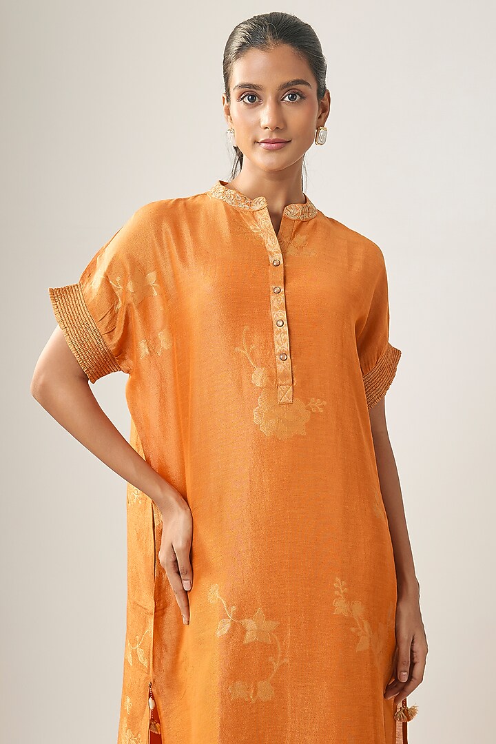 Orange Linen Embroidered Summer Dress by SHRADDHA RAMBHIA at Pernia's Pop Up Shop