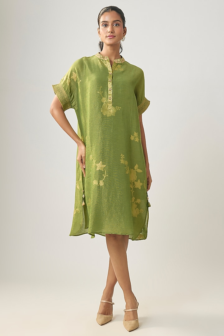 Green Linen Embroidered Summer Dress by SHRADDHA RAMBHIA at Pernia's Pop Up Shop