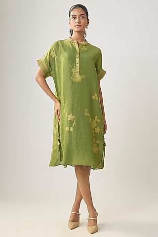 Green Linen Embroidered Dress by SHRADDHA RAMBHIA