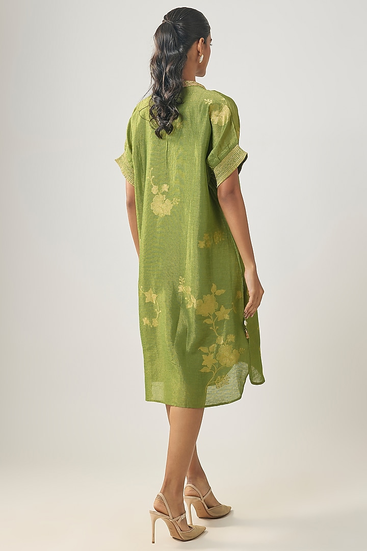 Green Linen Embroidered Summer Dress by SHRADDHA RAMBHIA at Pernia's Pop Up Shop