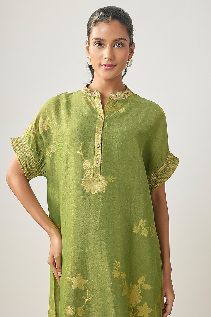 Green Linen Embroidered Summer Dress by SHRADDHA RAMBHIA at Pernia's Pop Up Shop