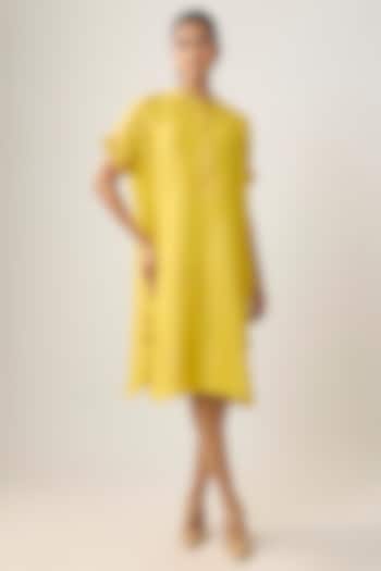 Mustard Linen Embroidered Summer Dress by SHRADDHA RAMBHIA at Pernia's Pop Up Shop