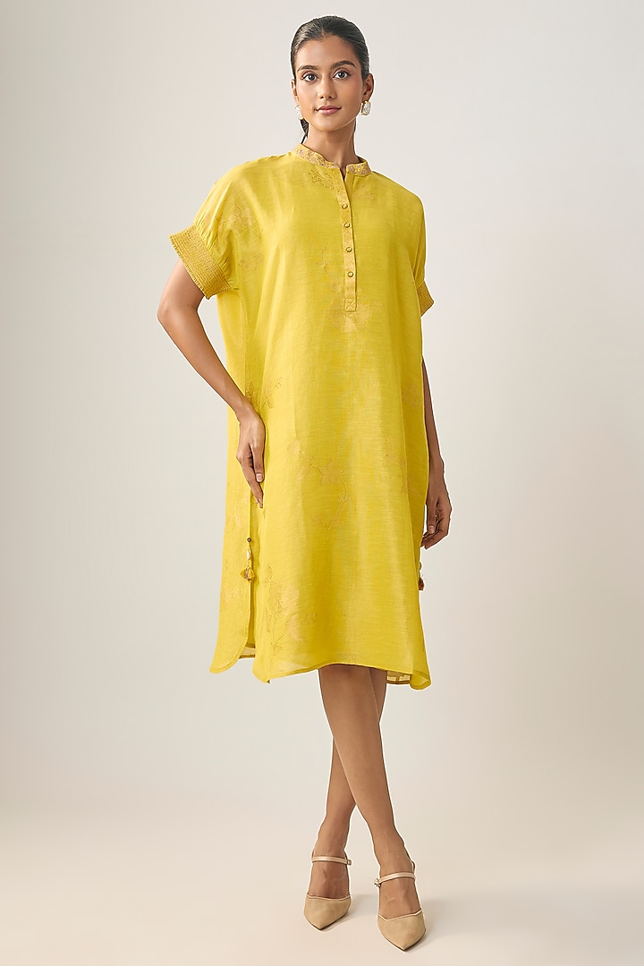 Mustard Linen Embroidered Summer Dress by SHRADDHA RAMBHIA at Pernia's Pop Up Shop