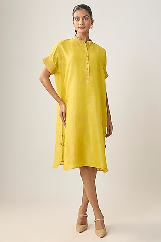 Mustard Linen Embroidered Dress by SHRADDHA RAMBHIA