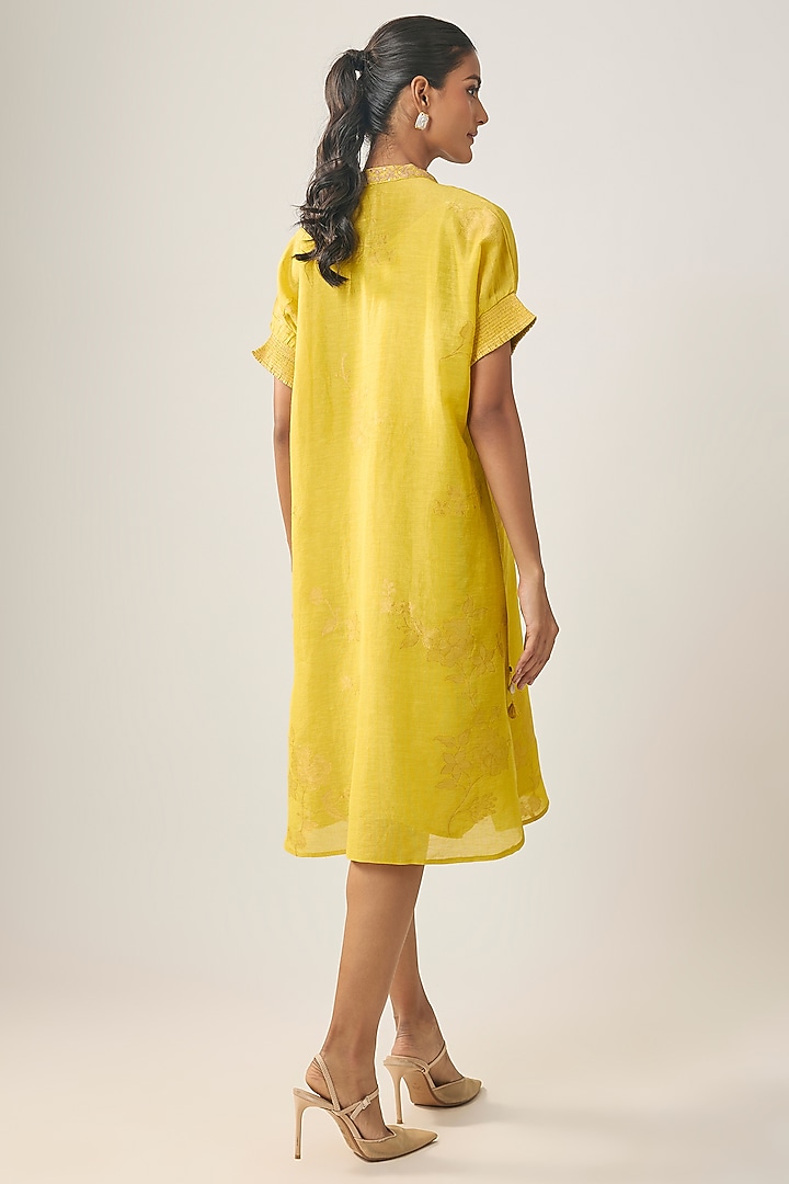 Mustard Linen Embroidered Summer Dress by SHRADDHA RAMBHIA at Pernia's Pop Up Shop