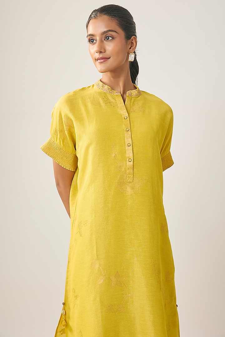 Mustard Linen Embroidered Summer Dress by SHRADDHA RAMBHIA at Pernia's Pop Up Shop
