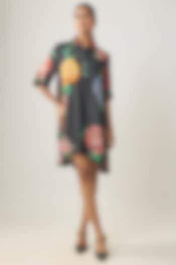 Black Satin Raw Silk Floral Printed Summer Shirt Dress by SHRADDHA RAMBHIA at Pernia's Pop Up Shop