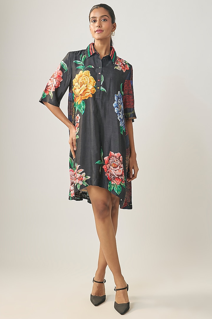Black Satin Raw Silk Floral Printed Summer Shirt Dress by SHRADDHA RAMBHIA at Pernia's Pop Up Shop