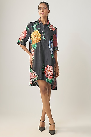 Black Satin Raw Silk Floral Printed Shirt Dress by SHRADDHA RAMBHIA