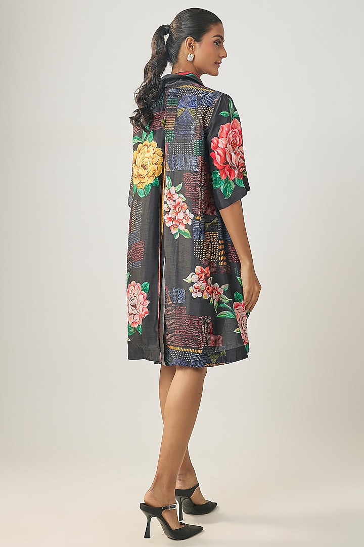 Black Satin Raw Silk Floral Printed Summer Shirt Dress by SHRADDHA RAMBHIA at Pernia's Pop Up Shop
