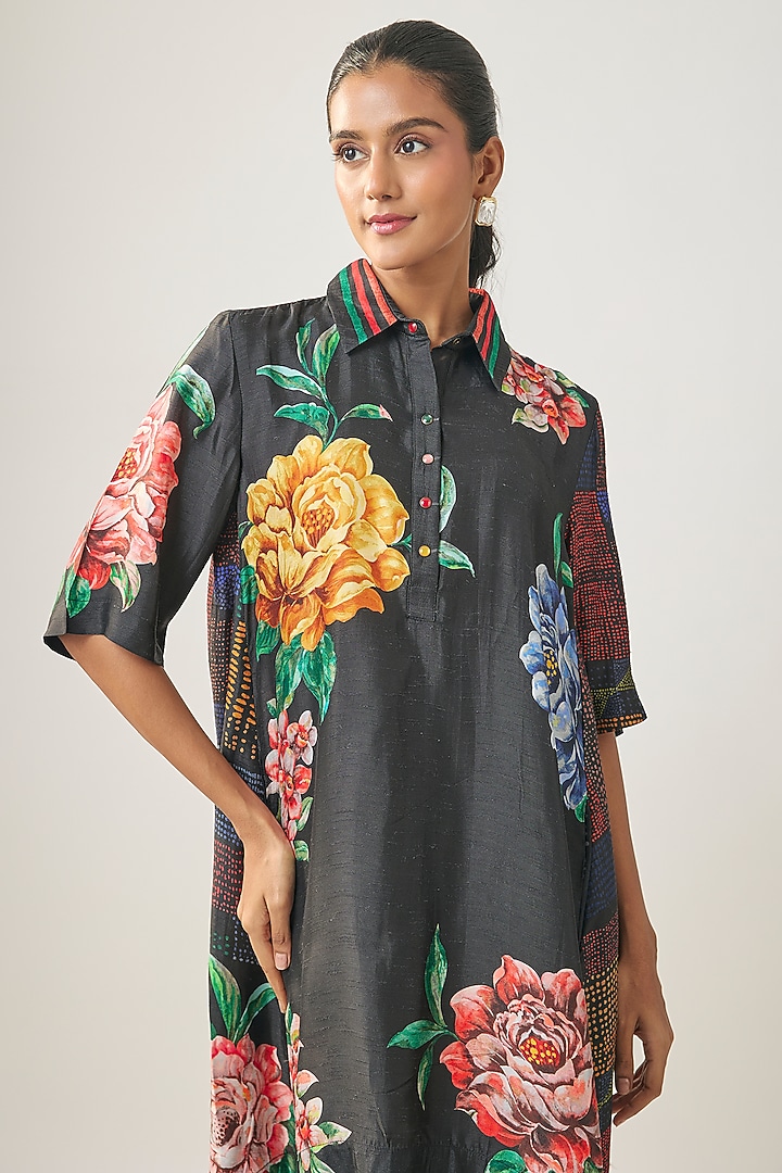 Black Satin Raw Silk Floral Printed Summer Shirt Dress by SHRADDHA RAMBHIA at Pernia's Pop Up Shop