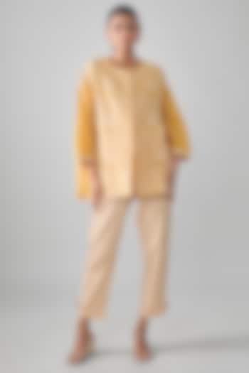 Mustard Tissue Linen Motif Thread Embroidered Shirt by SHRADDHA RAMBHIA at Pernia's Pop Up Shop