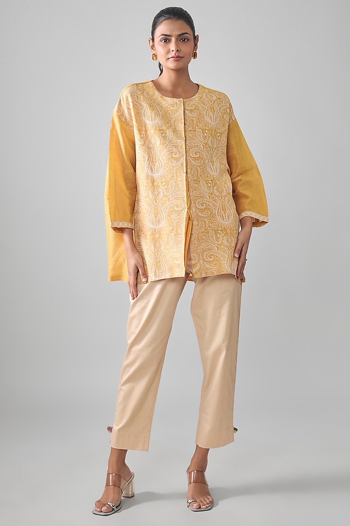 Mustard Tissue Linen Motif Thread Embroidered Shirt by SHRADDHA RAMBHIA at Pernia's Pop Up Shop