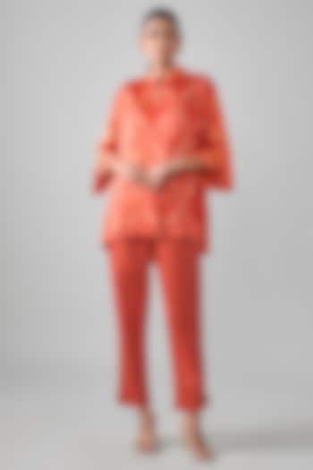 Orange Satin Raw Silk Geometric Printed Top by SHRADDHA RAMBHIA at Pernia's Pop Up Shop
