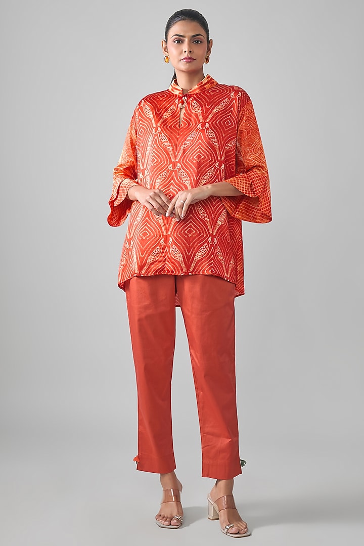 Orange Satin Raw Silk Geometric Printed Top by SHRADDHA RAMBHIA at Pernia's Pop Up Shop