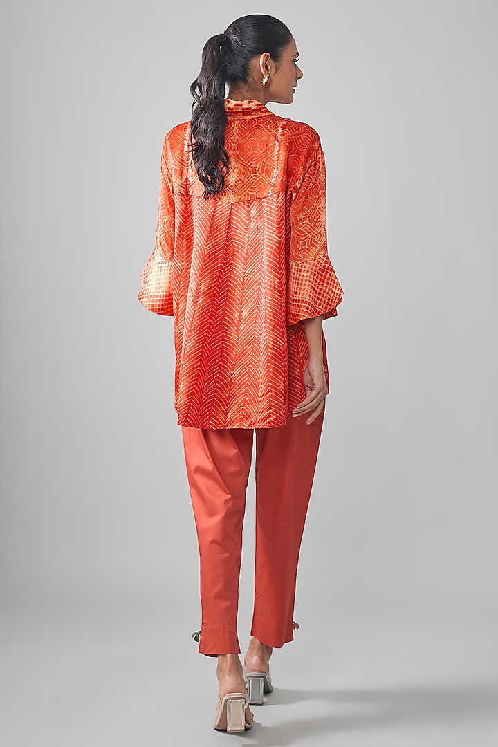 Orange Satin Raw Silk Geometric Printed Top by SHRADDHA RAMBHIA at Pernia's Pop Up Shop