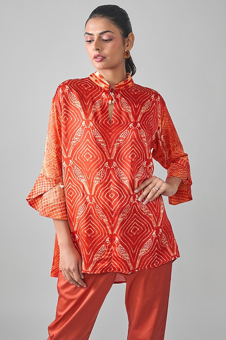 Orange Satin Raw Silk Geometric Printed Top by SHRADDHA RAMBHIA at Pernia's Pop Up Shop