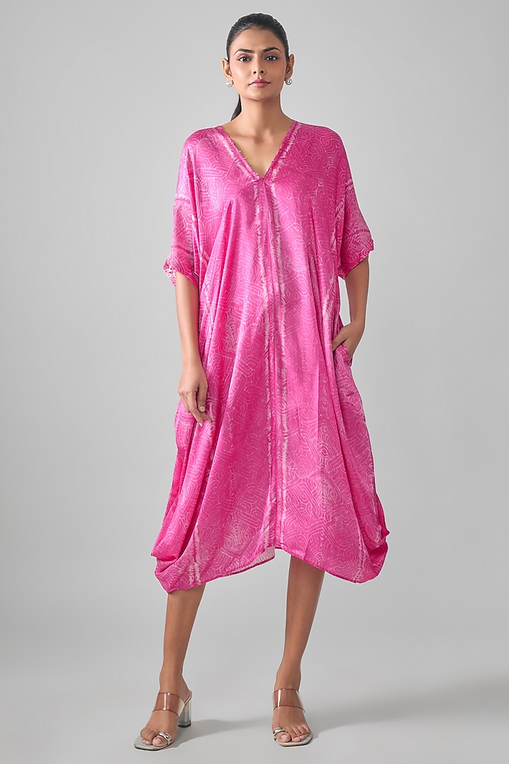 Rani Pink Gajji Shibori Printed Midi Summer Dress by SHRADDHA RAMBHIA at Pernia's Pop Up Shop