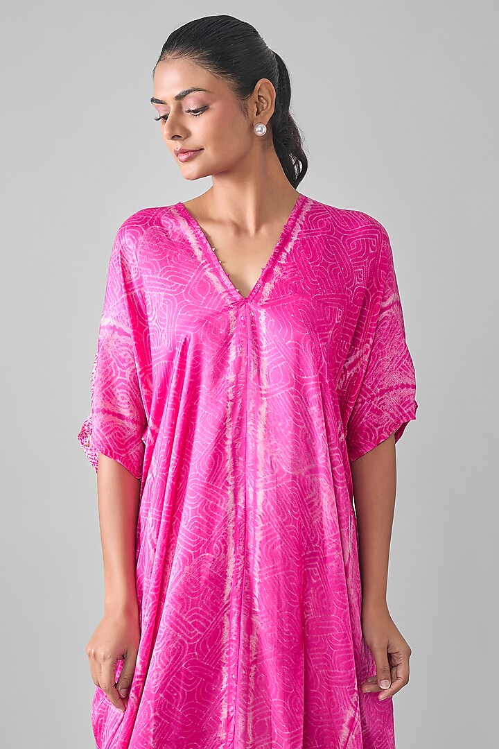 Rani Pink Gajji Shibori Printed Midi Summer Dress by SHRADDHA RAMBHIA at Pernia's Pop Up Shop
