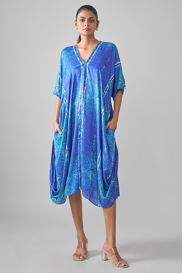 Blue Gajji Shibori Printed Midi Summer Dress by SHRADDHA RAMBHIA at Pernia's Pop Up Shop
