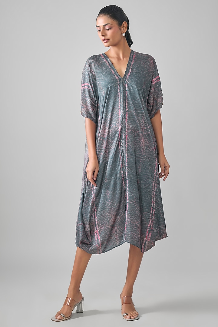 Grey Gajji Shibori Printed Midi Summer Dress by SHRADDHA RAMBHIA at Pernia's Pop Up Shop