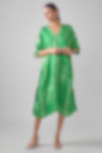 Bottle Green Gajji Shibori Printed Midi Summer Dress by SHRADDHA RAMBHIA at Pernia's Pop Up Shop