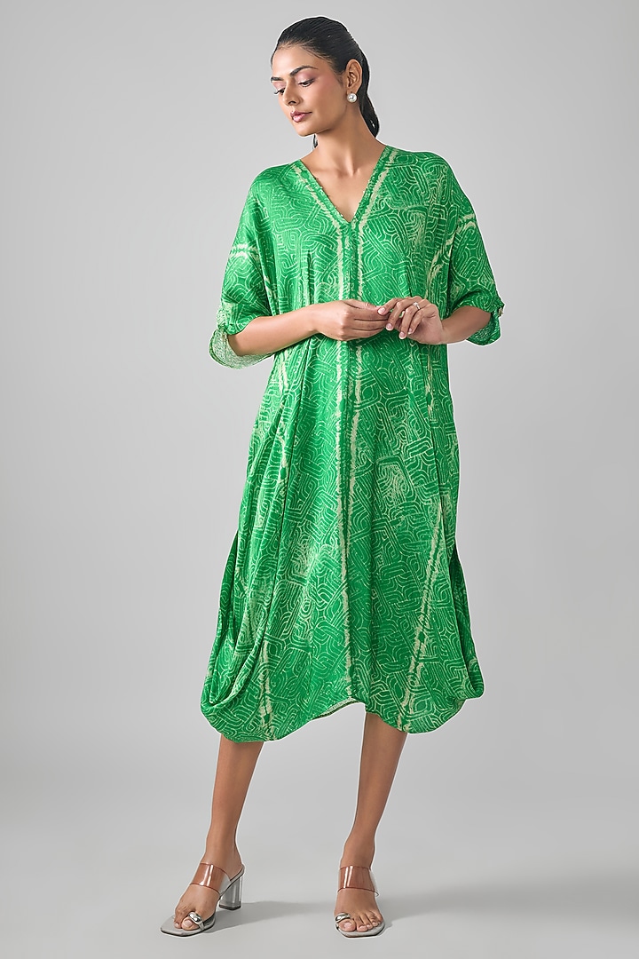 Bottle Green Gajji Shibori Printed Midi Summer Dress by SHRADDHA RAMBHIA at Pernia's Pop Up Shop