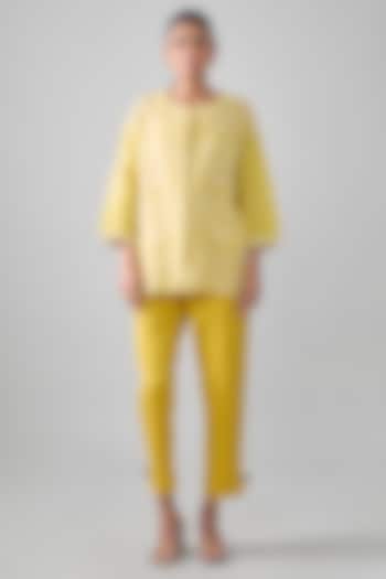 Lemon Yellow Tissue Linen Motif Thread Embroidered Shirt by SHRADDHA RAMBHIA at Pernia's Pop Up Shop