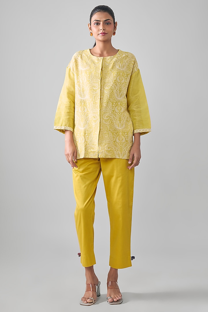 Lemon Yellow Tissue Linen Motif Thread Embroidered Shirt by SHRADDHA RAMBHIA at Pernia's Pop Up Shop