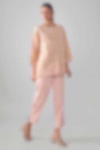 Blush Pink Tissue Linen Motif Thread Embroidered Shirt by SHRADDHA RAMBHIA at Pernia's Pop Up Shop