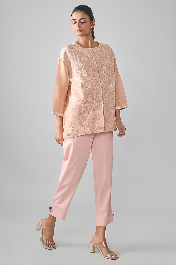 Blush Pink Tissue Linen Motif Thread Embroidered Shirt by SHRADDHA RAMBHIA at Pernia's Pop Up Shop