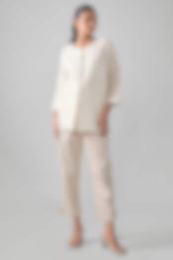 Ivory Tissue Linen Motif Thread Embroidered Shirt by SHRADDHA RAMBHIA at Pernia's Pop Up Shop