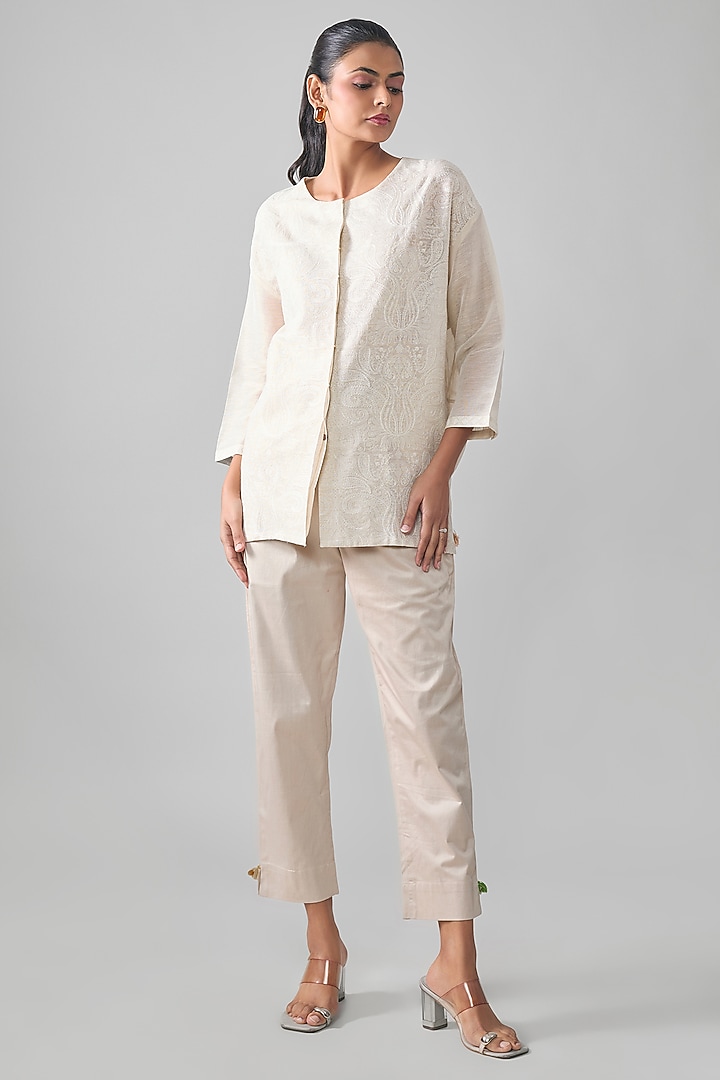 Ivory Tissue Linen Motif Thread Embroidered Shirt by SHRADDHA RAMBHIA at Pernia's Pop Up Shop