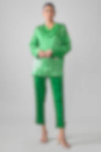 Bottle Green Satin Raw Silk Shibori Printed Top by SHRADDHA RAMBHIA at Pernia's Pop Up Shop