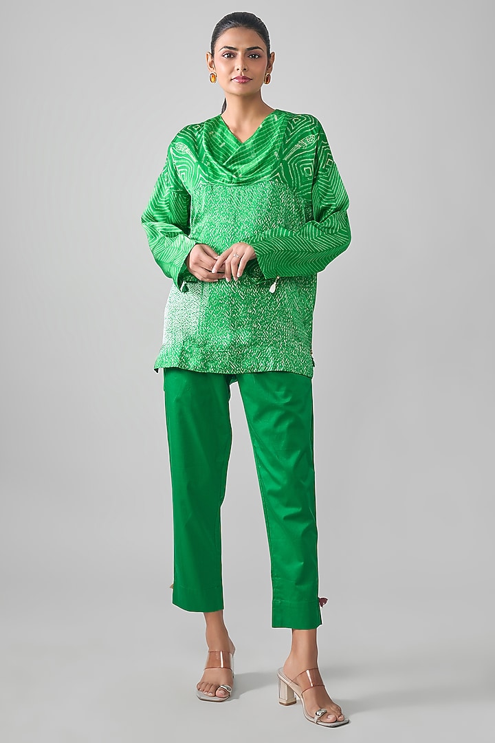 Bottle Green Satin Raw Silk Shibori Printed Top by SHRADDHA RAMBHIA at Pernia's Pop Up Shop