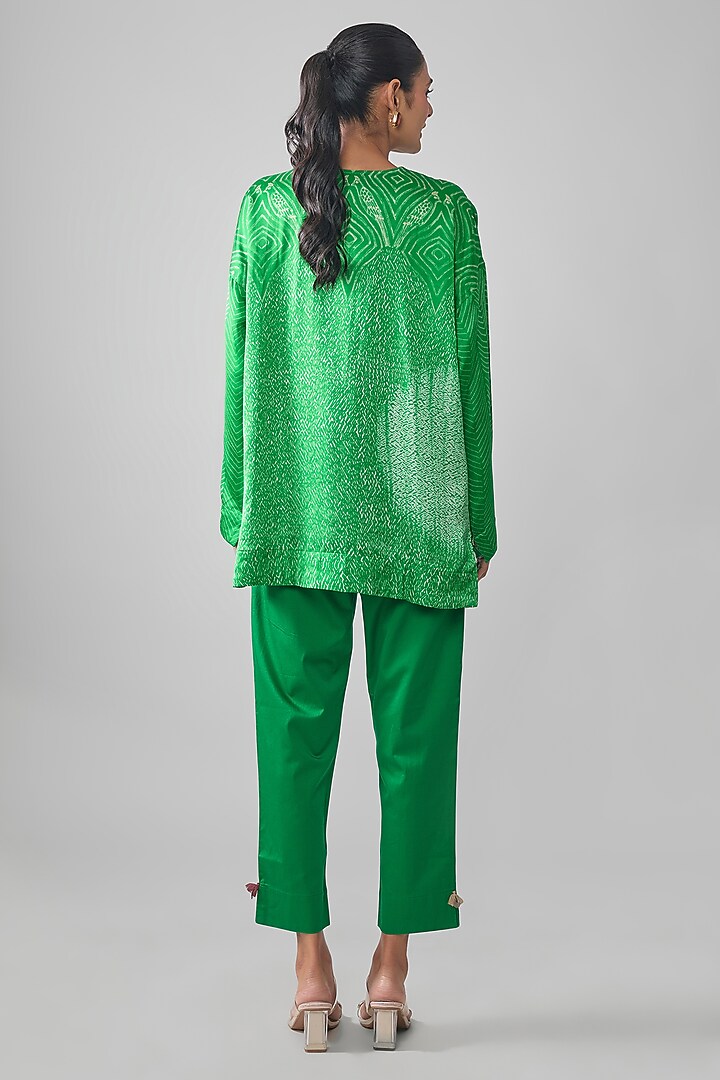 Bottle Green Satin Raw Silk Shibori Printed Top by SHRADDHA RAMBHIA at Pernia's Pop Up Shop