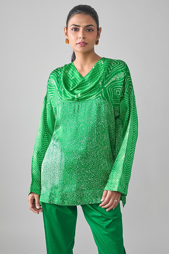 Bottle Green Satin Raw Silk Shibori Printed Top by SHRADDHA RAMBHIA at Pernia's Pop Up Shop