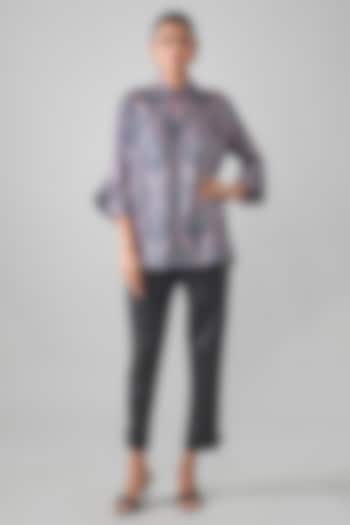 Grey Satin Raw Silk Printed Top by SHRADDHA RAMBHIA at Pernia's Pop Up Shop