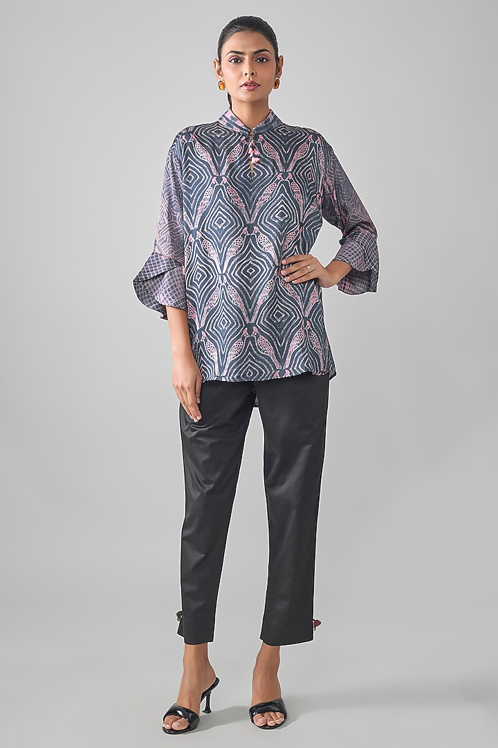 Grey Satin Raw Silk Printed Top by SHRADDHA RAMBHIA at Pernia's Pop Up Shop