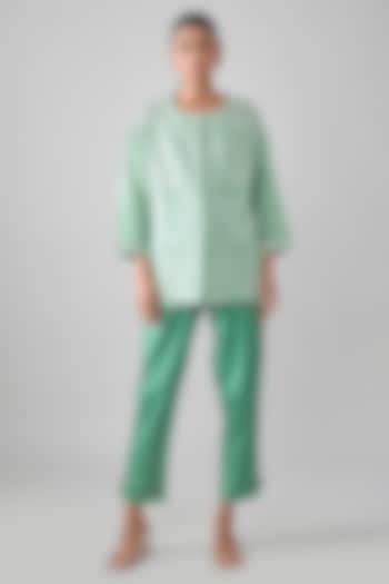 Duck Egg Blue Tissue Linen Embroidered Shirt by SHRADDHA RAMBHIA at Pernia's Pop Up Shop