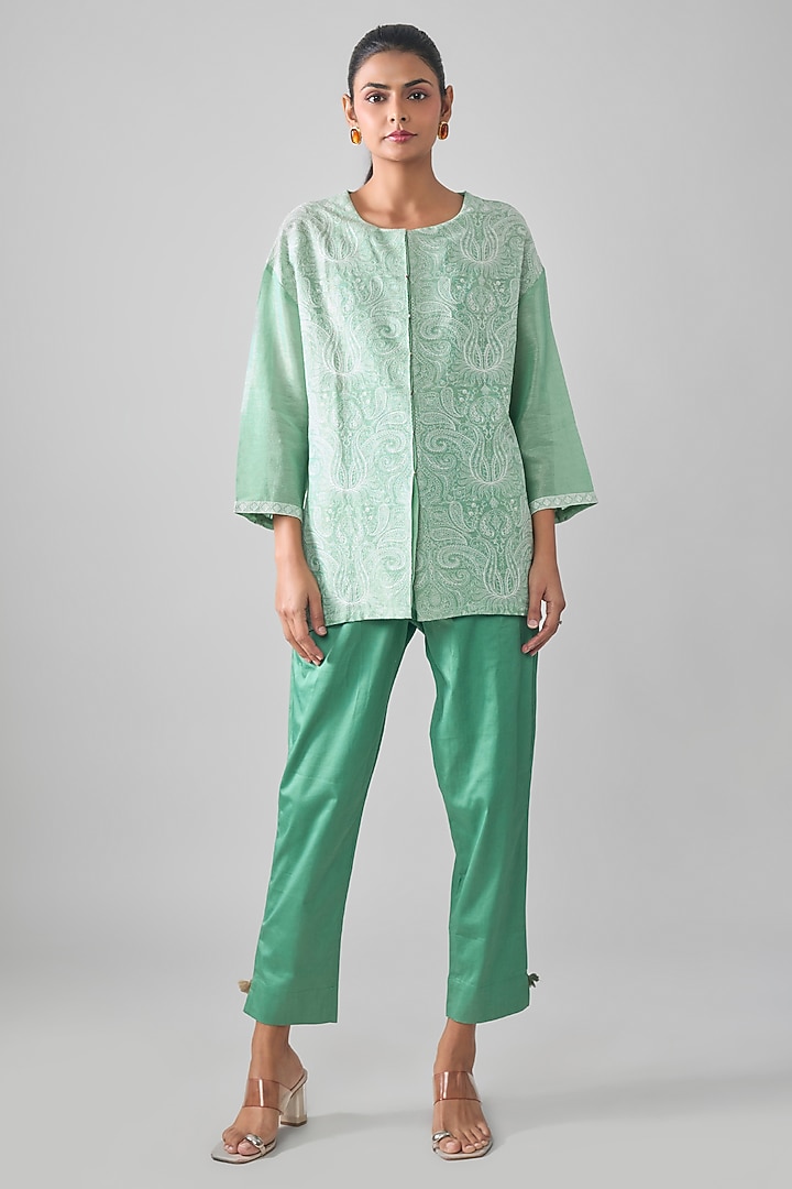 Duck Egg Blue Tissue Linen Embroidered Shirt by SHRADDHA RAMBHIA at Pernia's Pop Up Shop